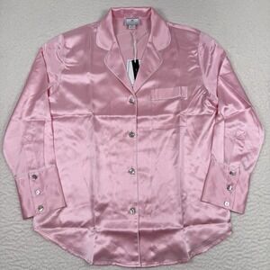 Petite Plume Silk Pajama Top Sz Small Pink Button Front White Piping *Shirt Only